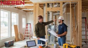 Custom home builder and HVAC contractor reviewing system specifications and ductwork plans