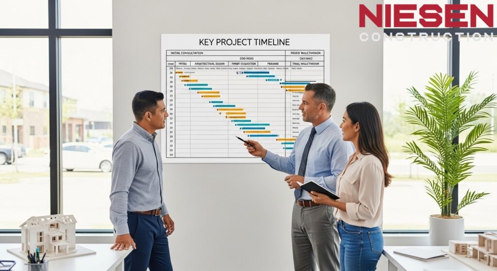 Professional project timeline chart on a wall with a custom home builder