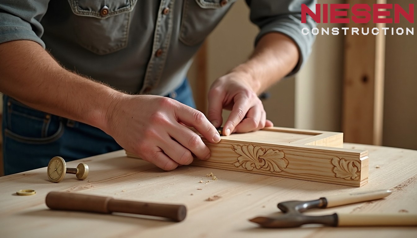 A craftsman's hands working on detailed custom woodwork for a home interior