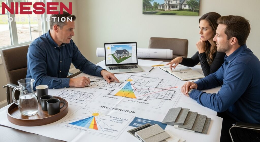 Custom home builder and homeowners reviewing energy-efficient design plans