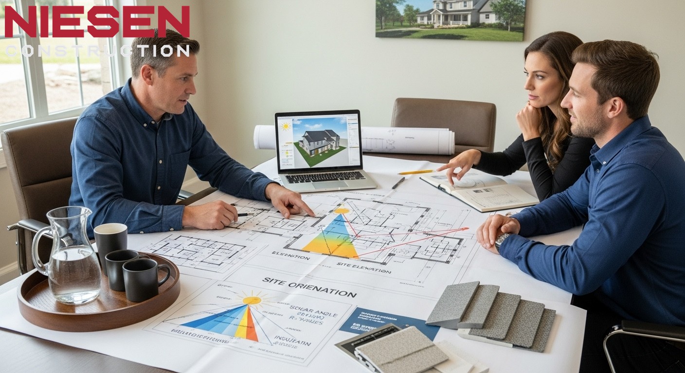 Custom home builder and homeowners reviewing energy-efficient design plans