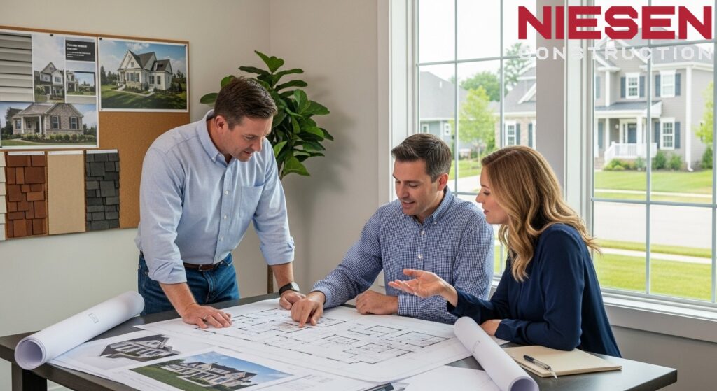 Custom home builder and homeowners reviewing architectural plans