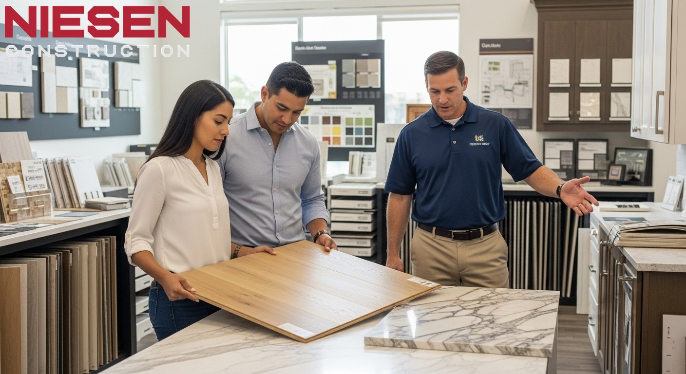 Homeowners examining high-quality building materials