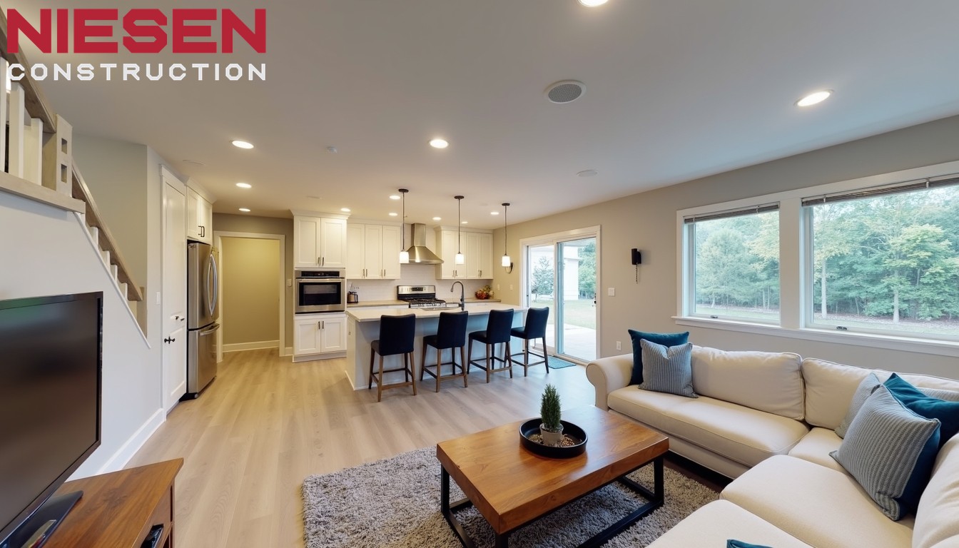 Bright, modern basement living space with high ceilings, recessed lighting, comfortable seating area, and wet bar, wide-angle real estate photography style