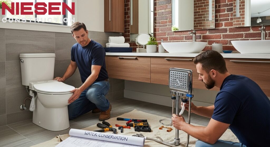 High-efficiency plumbing fixtures and water conservation features being installed in a custom home bathroom