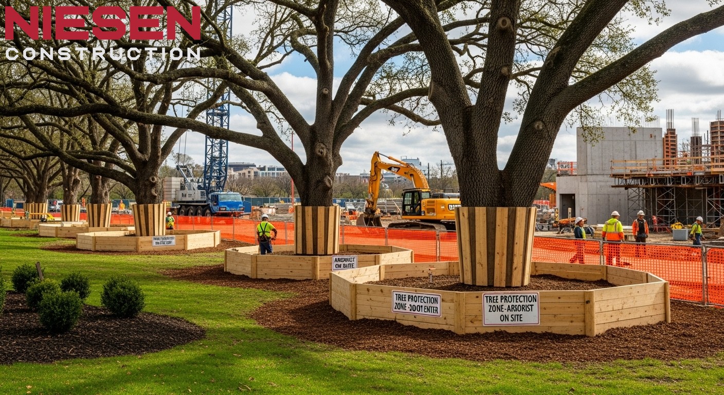 Construction site with large mature trees