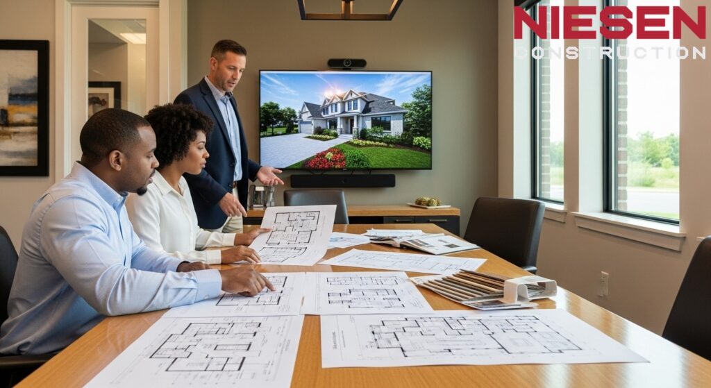 Custom home builder and homeowners reviewing detailed floor plans and 3D renderings on a large monitor, with multiple design iterations spread on the table, natural lighting in a professional design office