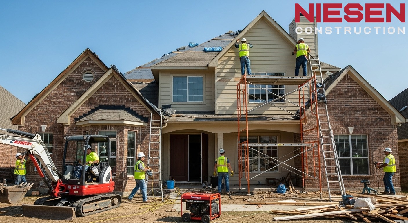 Professional restoration team working on storm-damaged home