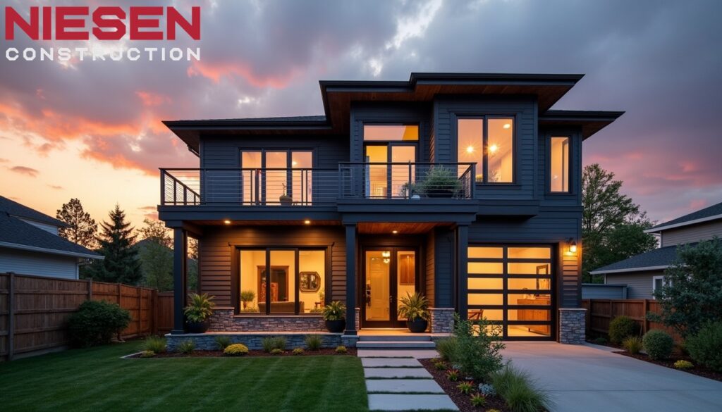 Modern coastal home exterior with impact windows, architectural shutters, and durable siding, photographed during sunset with dramatic clouds, architectural photography style