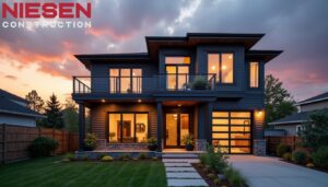 Modern coastal home exterior with impact windows, architectural shutters, and durable siding, photographed during sunset with dramatic clouds, architectural photography style