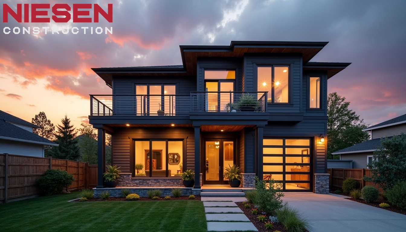 Modern coastal home exterior with impact windows, architectural shutters, and durable siding, photographed during sunset with dramatic clouds, architectural photography style