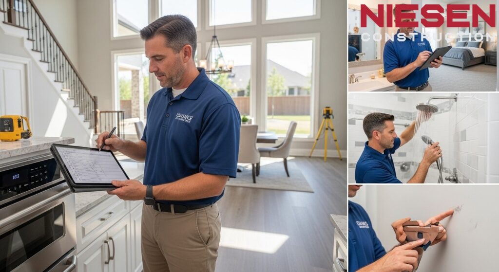 Custom home builder conducting comprehensive final quality inspection with detailed checklist