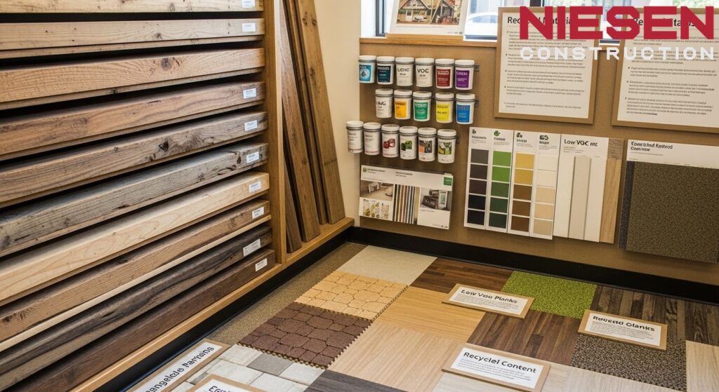 Eco-friendly building materials including reclaimed wood, low-VOC finishes