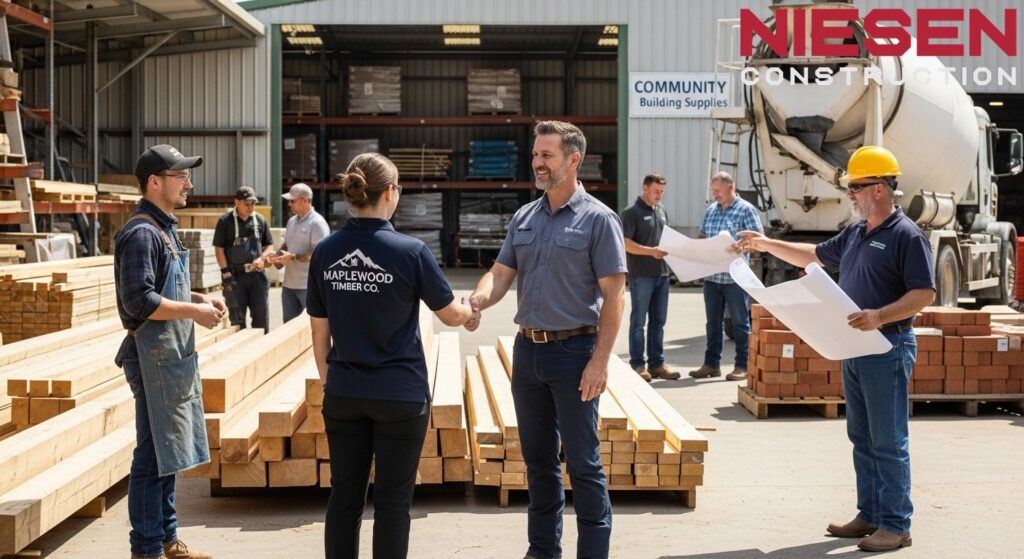 Custom home builder meeting with local suppliers and skilled craftsmen