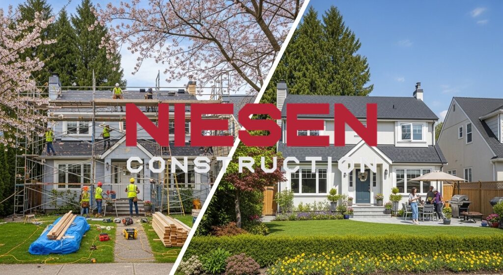 Split-screen style image showing same house in different seasons