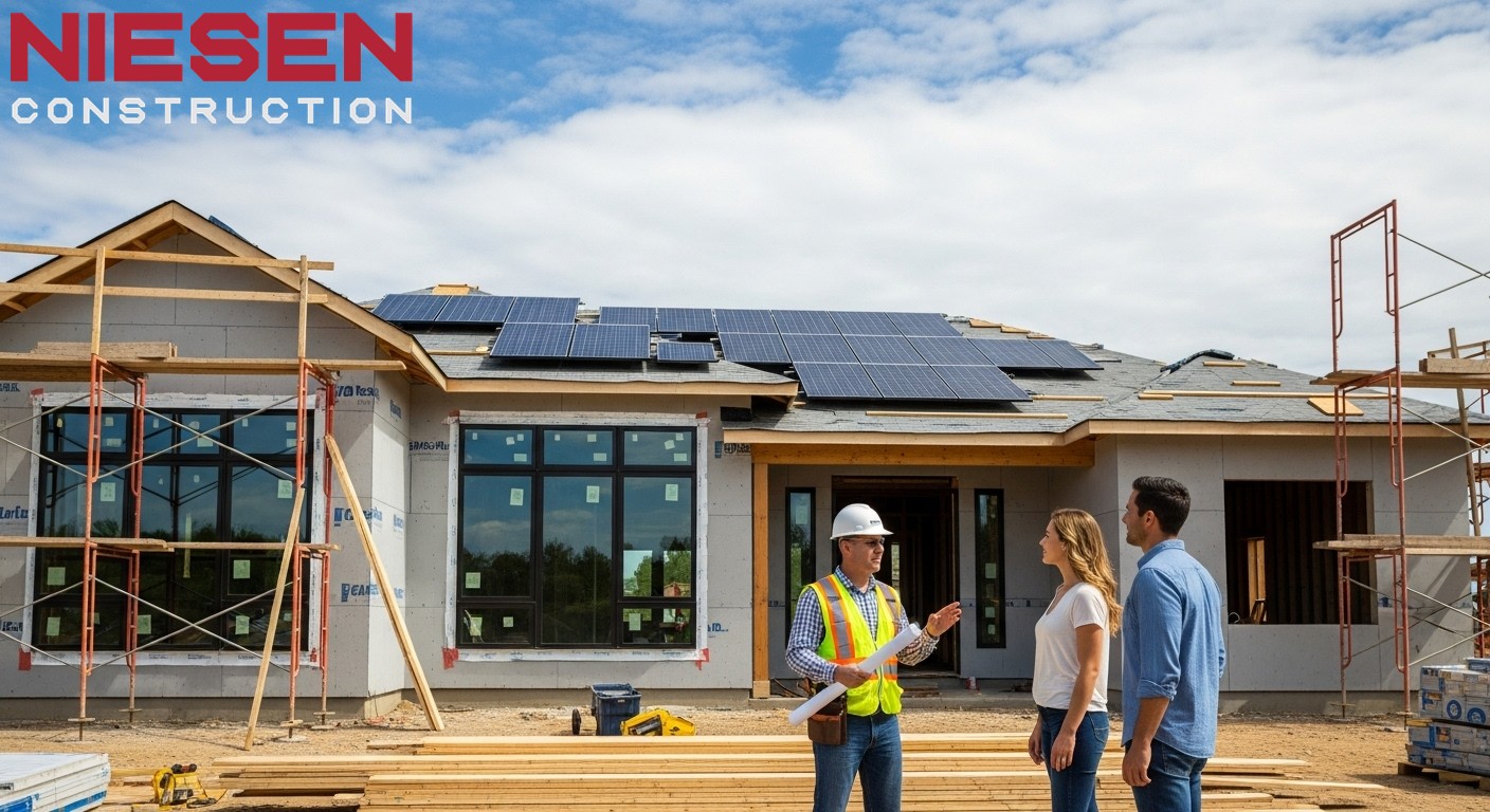 ustom home under construction showing solar-ready electrical infrastructure and roof design considerations