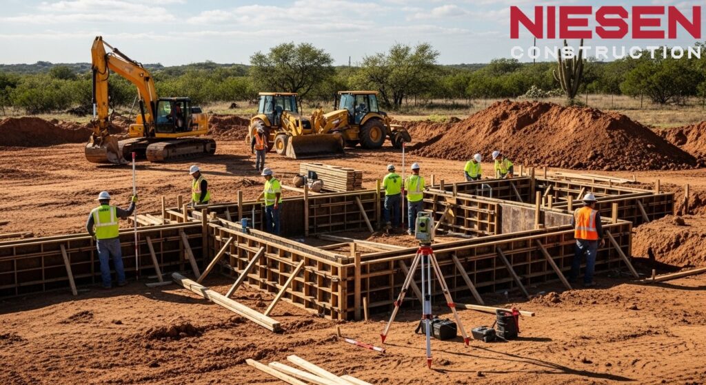 Professional construction workers preparing a home foundation site
