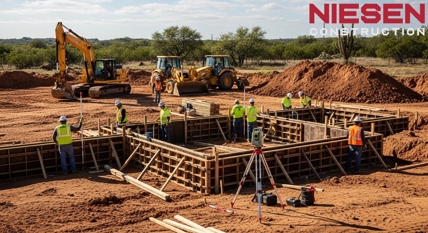 Professional construction workers preparing a home foundation site