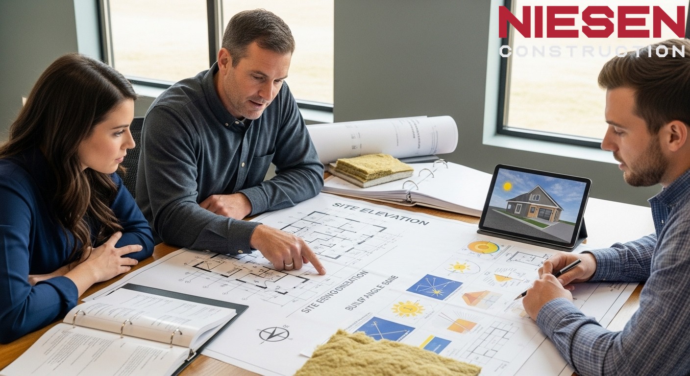 Custom home builder and homeowners reviewing energy-efficient design plans