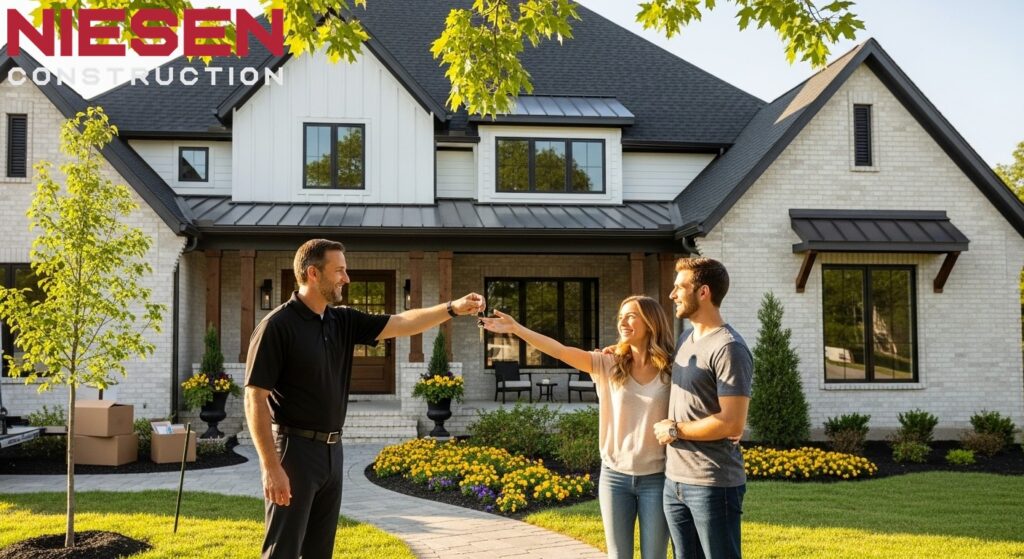 Happy custom home builder handing keys to excited new homeowners