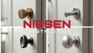 Split-screen four ways showing various cabinet hardware types, close-up quality comparison. Professional product or magazine photography.