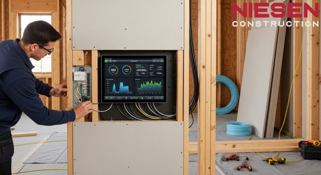 Modern smart home control panel and energy monitoring systems being installed in a custom home