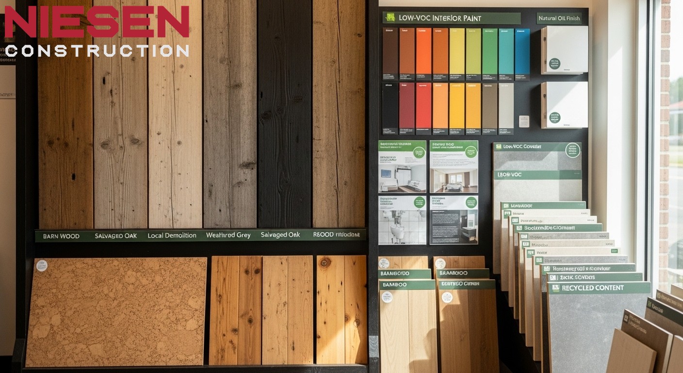 Eco-friendly building materials including reclaimed wood, low-VOC finishes