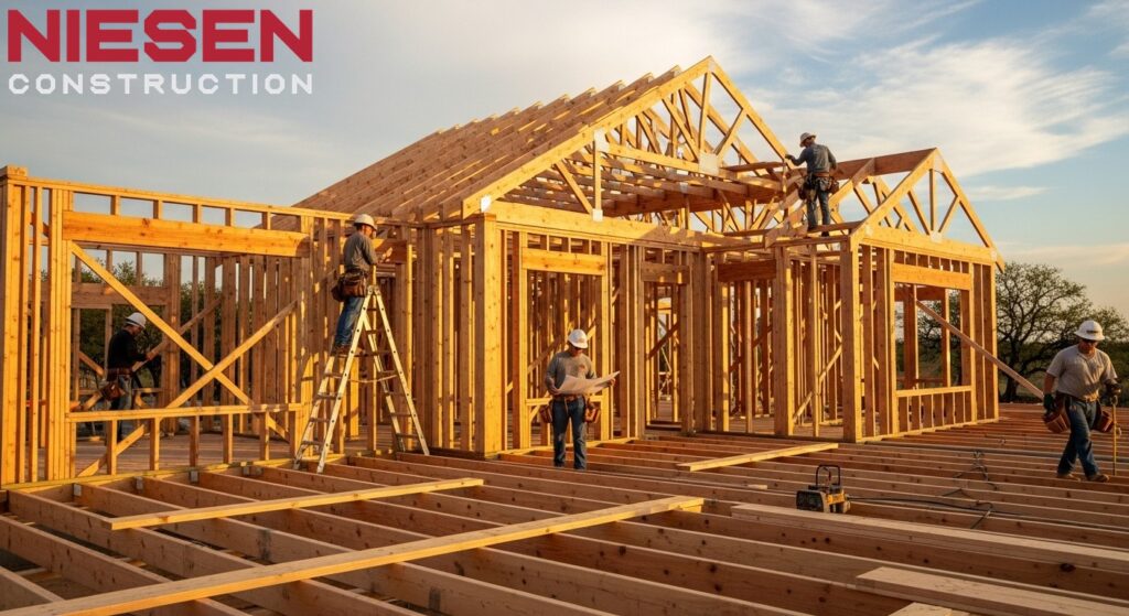 Custom home wooden frame structure under construction