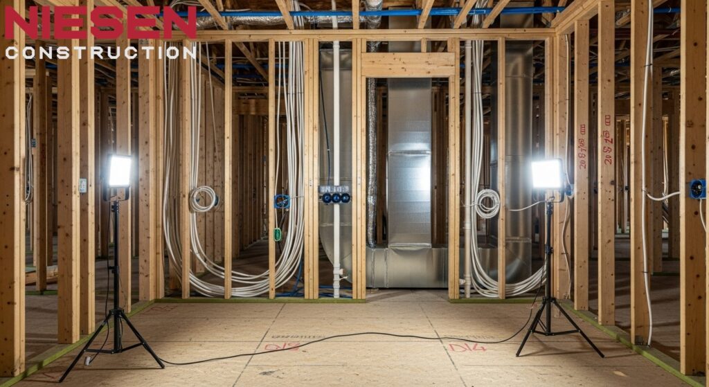 Interior view of custom home showing exposed electrical wiring