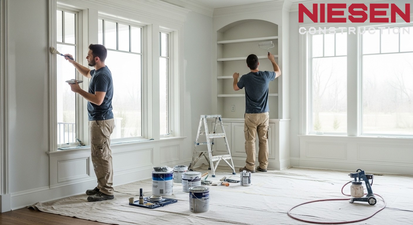 Professional painters applying final paint coats in a custom home