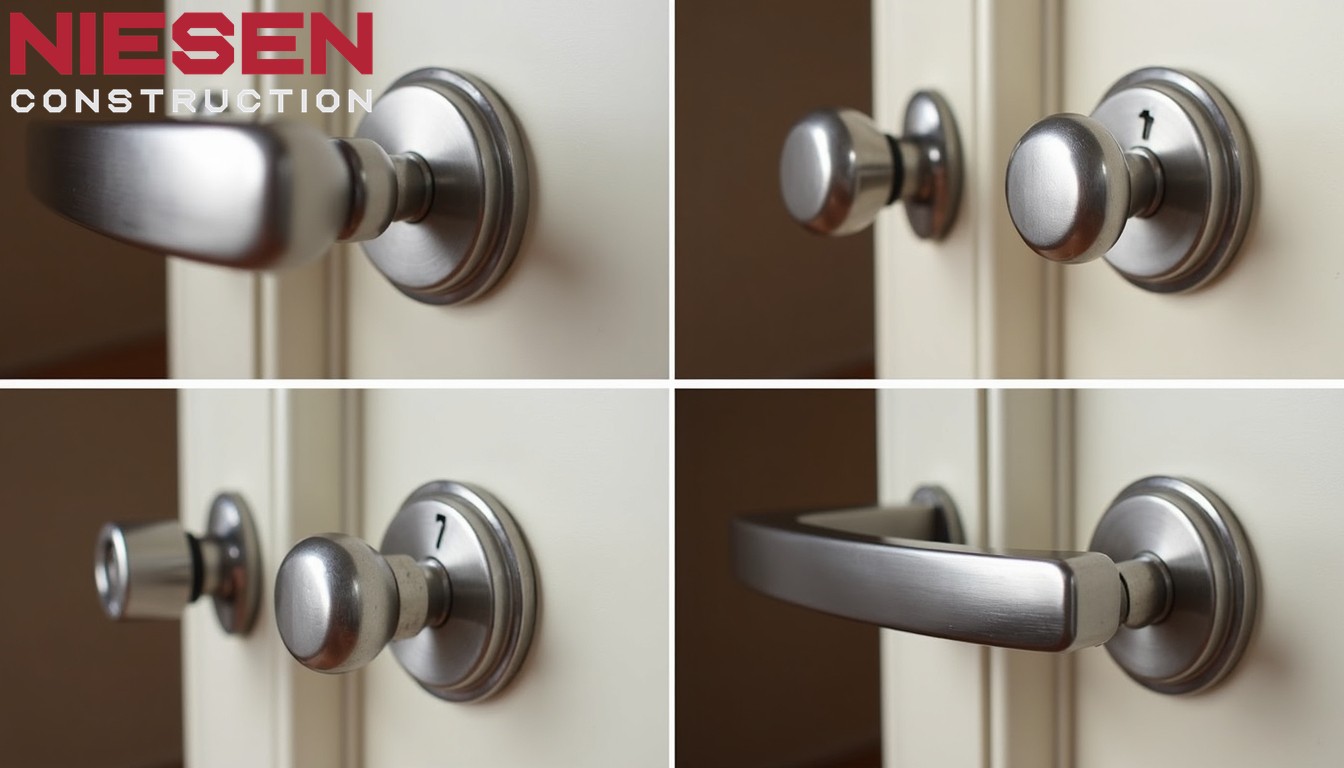 Split-screen four ways showing various cabinet hardware types, close-up quality comparison. Professional product or magazine photography.