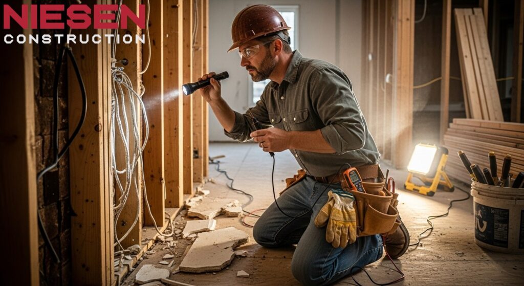 Professional contractor inspecting exposed wall framing