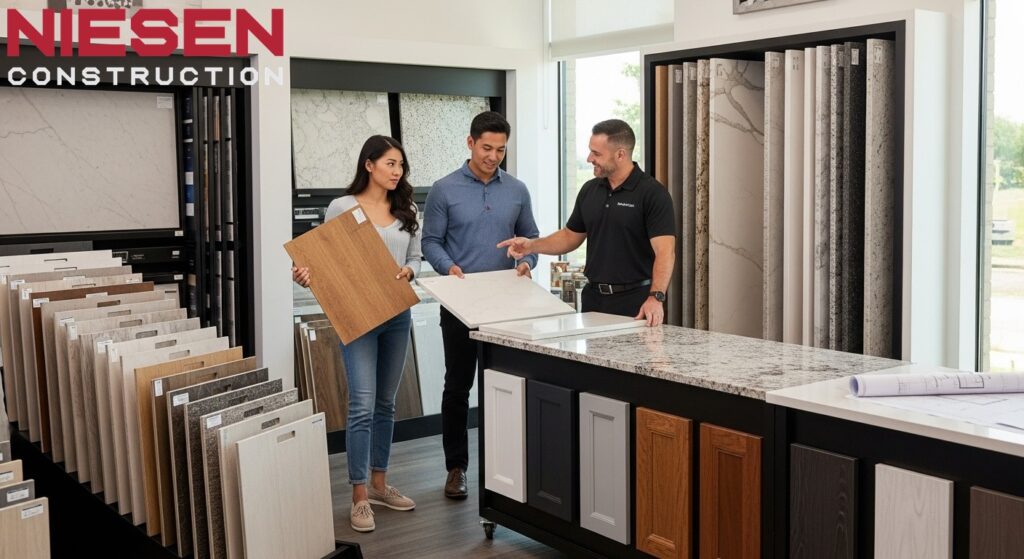 Homeowners examining high-quality building materials