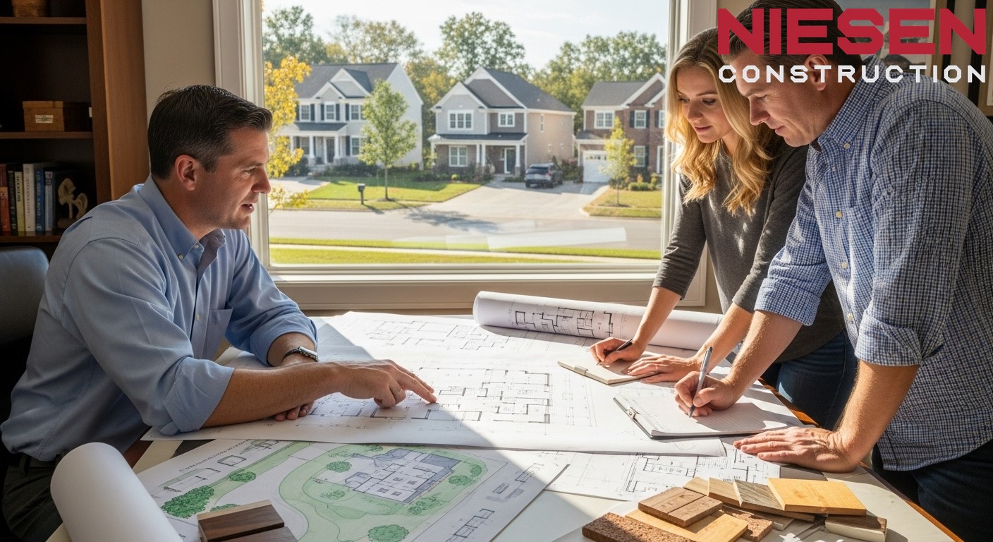 Custom home builder and homeowners reviewing architectural plans