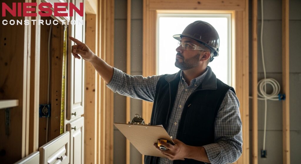 Professional custom home builder conducting detailed quality inspection