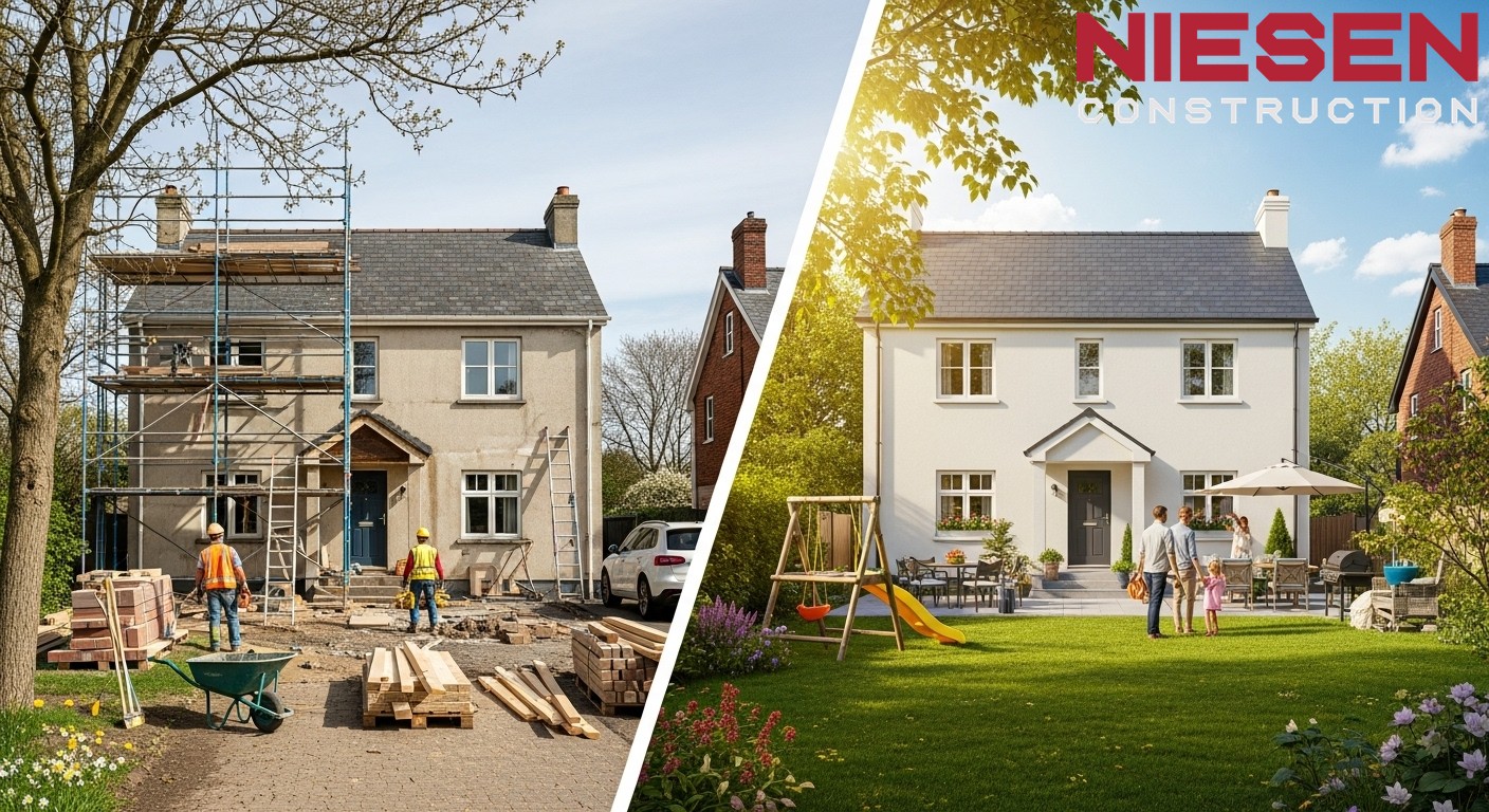 Split-screen style image showing same house in different seasons