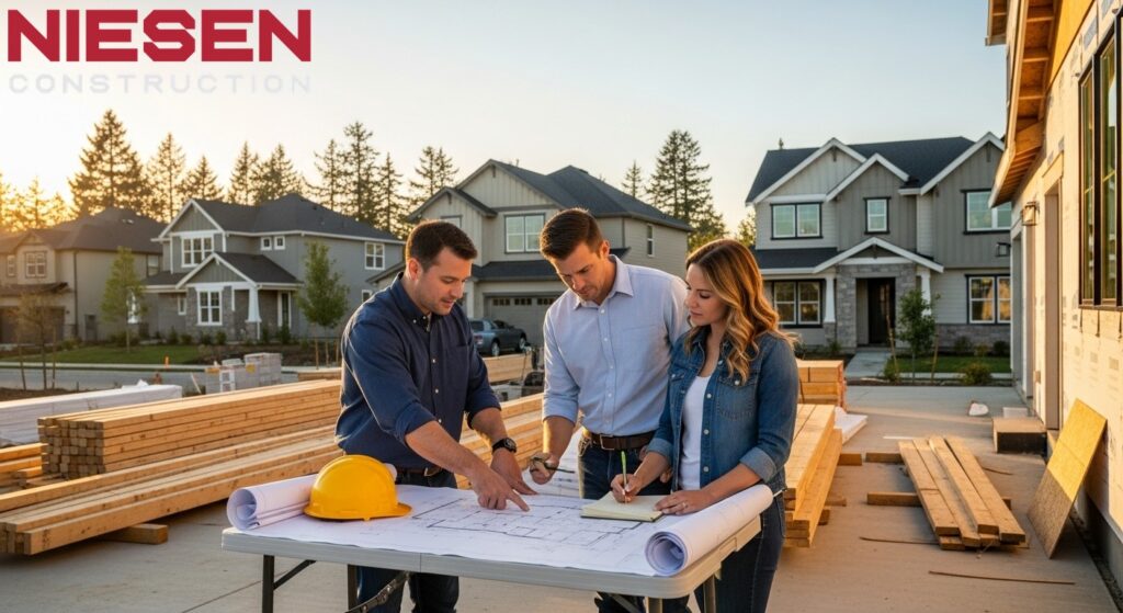 Custom home builder and homeowners reviewing architectural plans