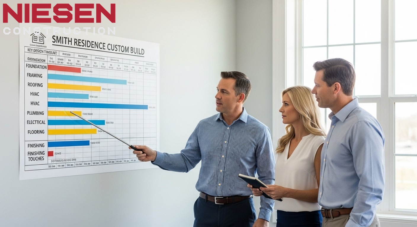 Professional project timeline chart on a wall with a custom home builder