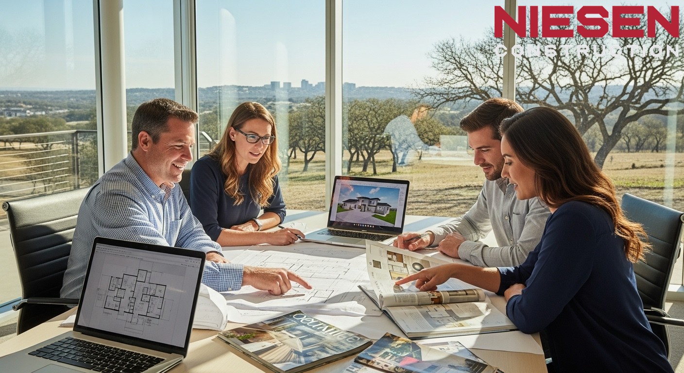 Professional custom home builder and architect meeting with excited homeowners around a large table