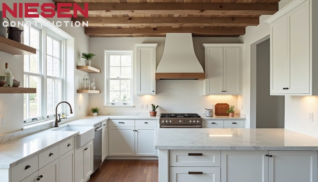 Professional architectural photography of a bright, modern kitchen with white shaker cabinets and marble countertops, featuring restored vintage wooden beams on the ceiling and a classic window frame, soft natural lighting, 8k detail.