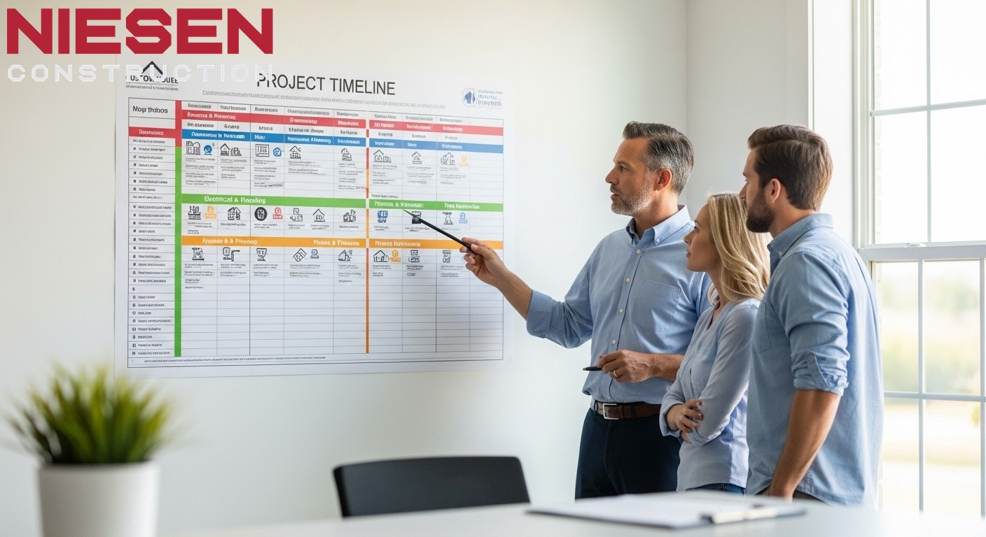 Professional project timeline chart on a wall with a custom home builder