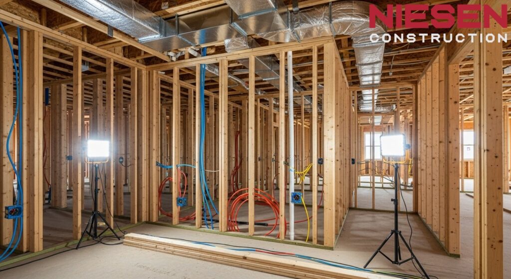 Interior view of custom home showing exposed electrical wiring