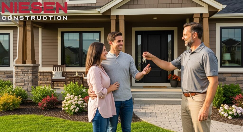 Happy custom home builder handing keys to excited new homeowners