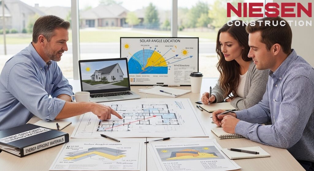 Custom home builder and homeowners reviewing energy-efficient design plans