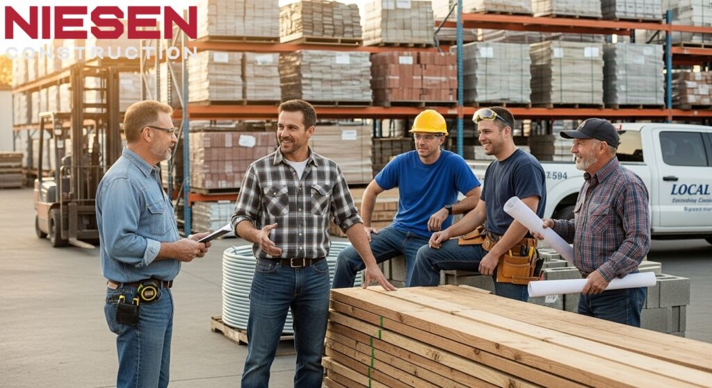 Custom home builder meeting with local suppliers and skilled craftsmen