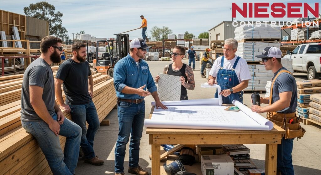 Custom home builder meeting with local suppliers and skilled craftsmen