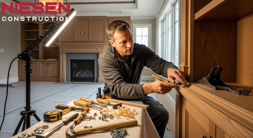 Master craftsman applying final finishes and detail work in a custom home interior