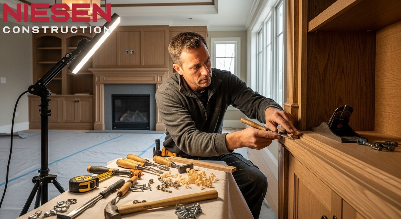 Master craftsman applying final finishes and detail work in a custom home interior