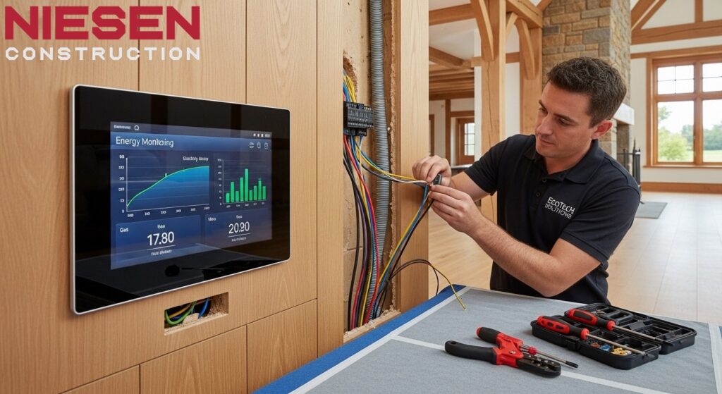 Modern smart home control panel and energy monitoring systems being installed in a custom home