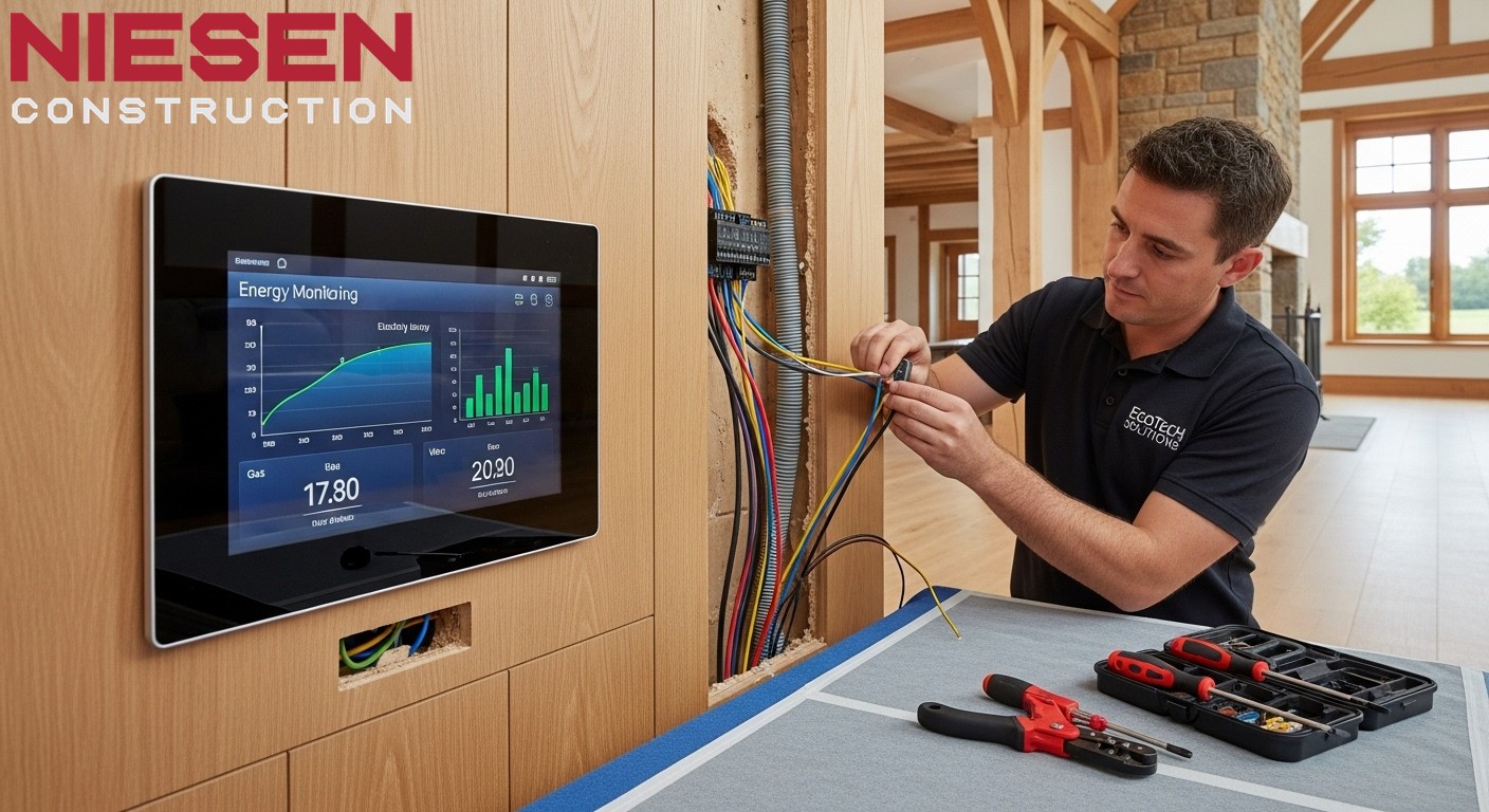 Modern smart home control panel and energy monitoring systems being installed in a custom home